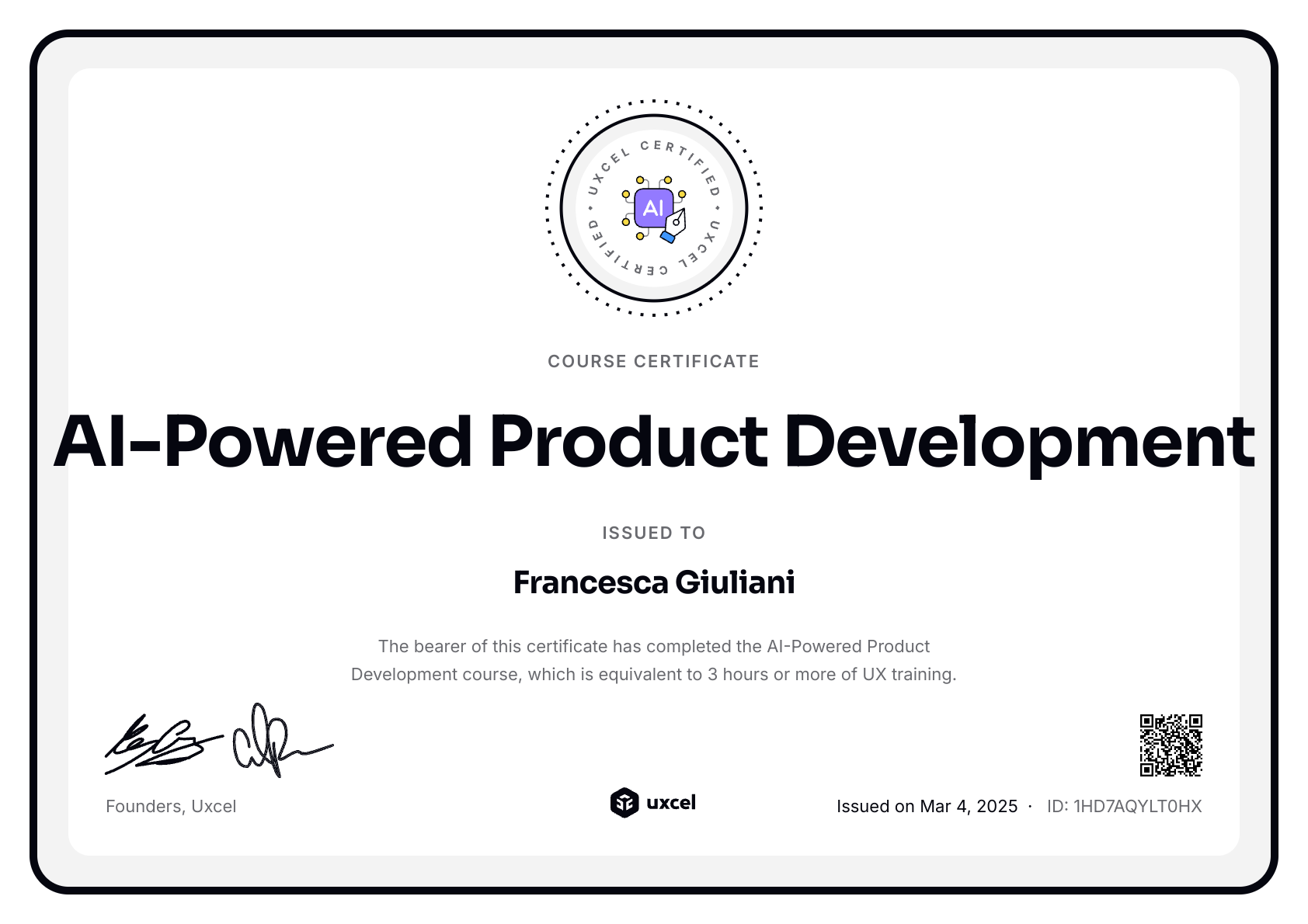 Francesca Giuliani's certificate